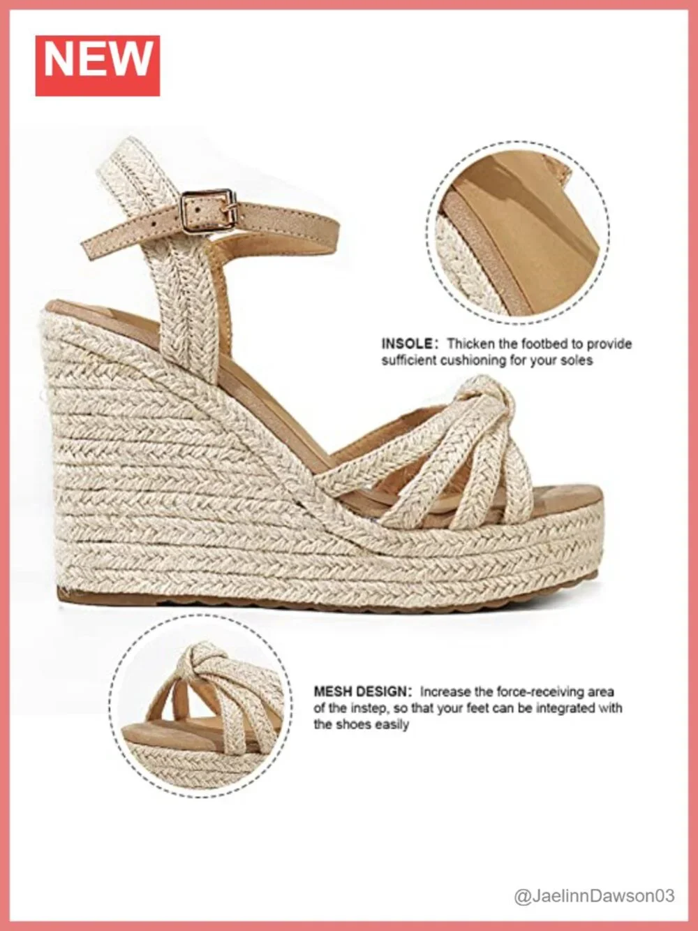 Women's Wedge Sandals with Linen Straw Upper, Platform Espadrilles, Ankle Strap